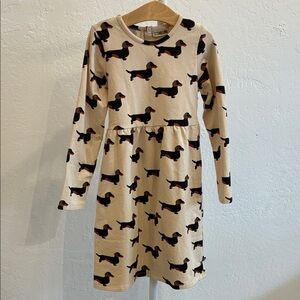 Cream Long-Sleeve Kids Dress with Dachshund Print